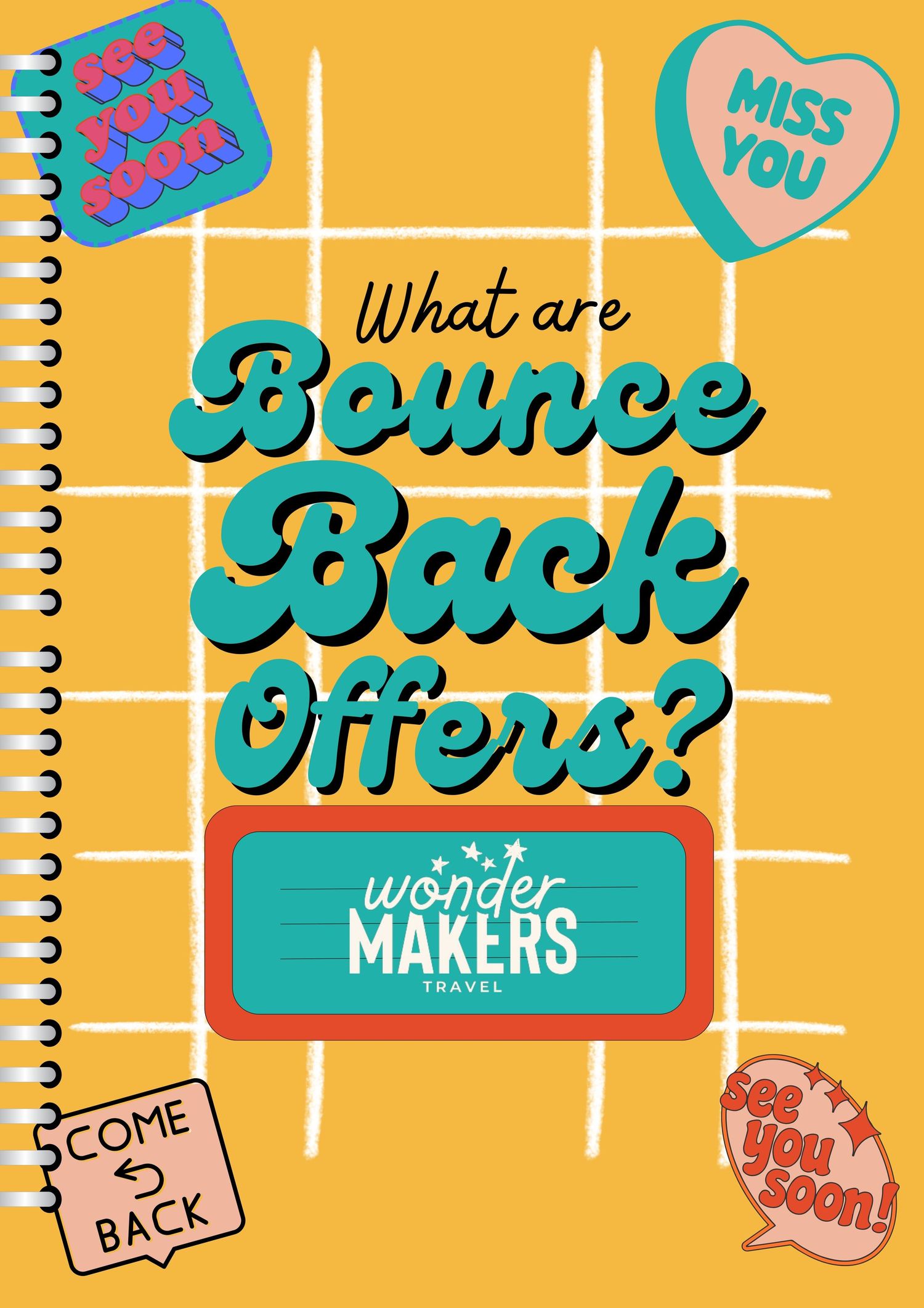 Retro-styled notebook cover design explaining Bounce Back Offers with teal and pink accents.