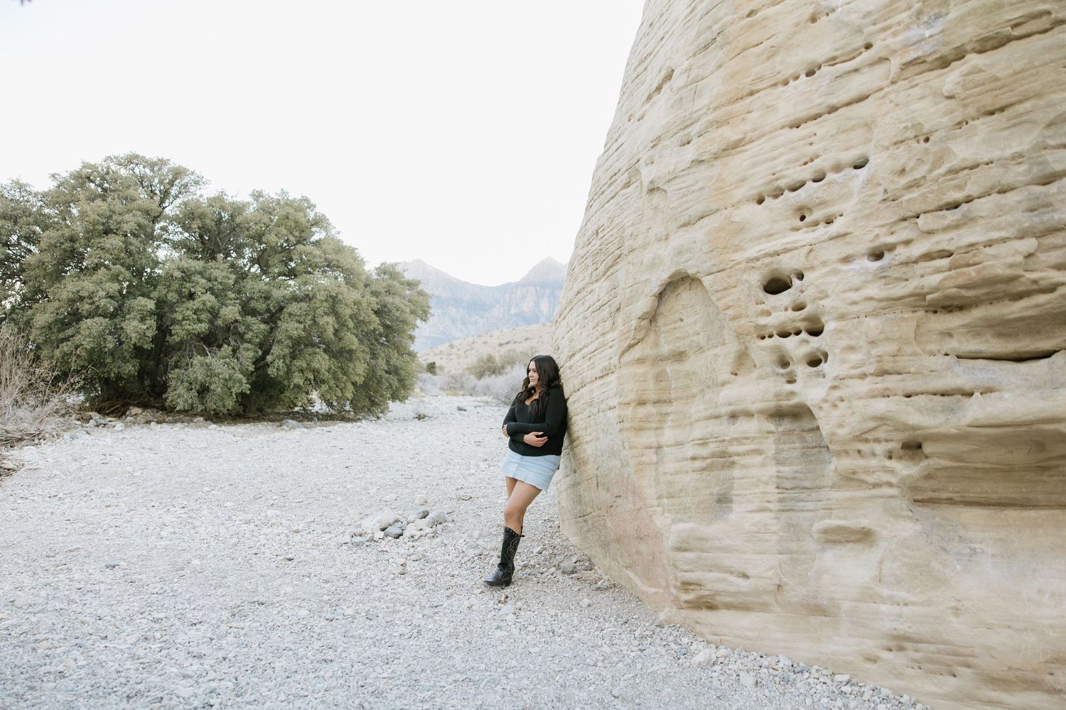 Someone in black stands next to a towering sandstone cliff wall in a desert landscape with mountains in the distance.