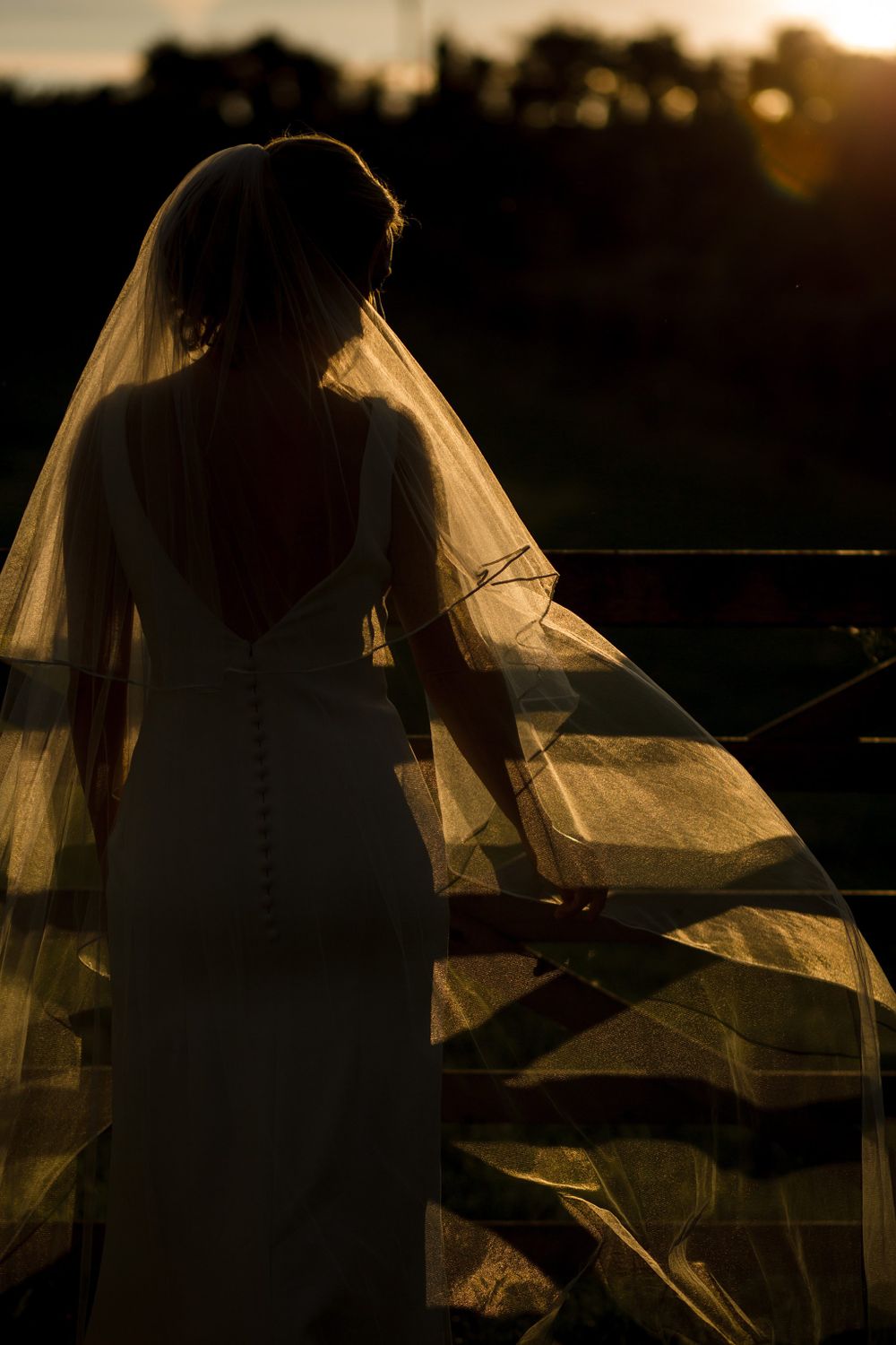 Silhouette of a bride in a flowing veil against a golden sunset backdrop at the Lightfoot & Wolfville wedding venue.