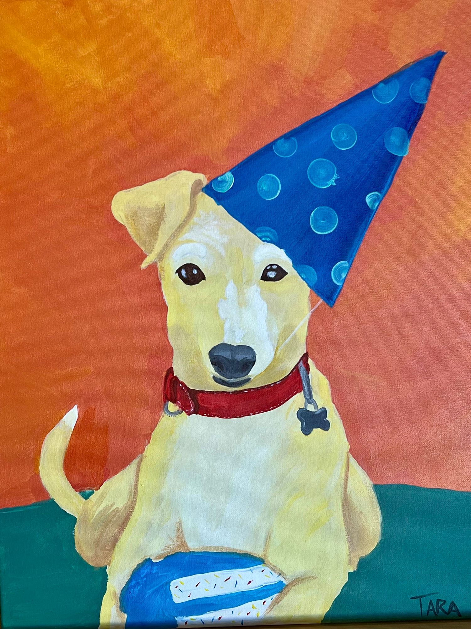 Painted portrait of yellow dog wearing blue party hat against orange background.