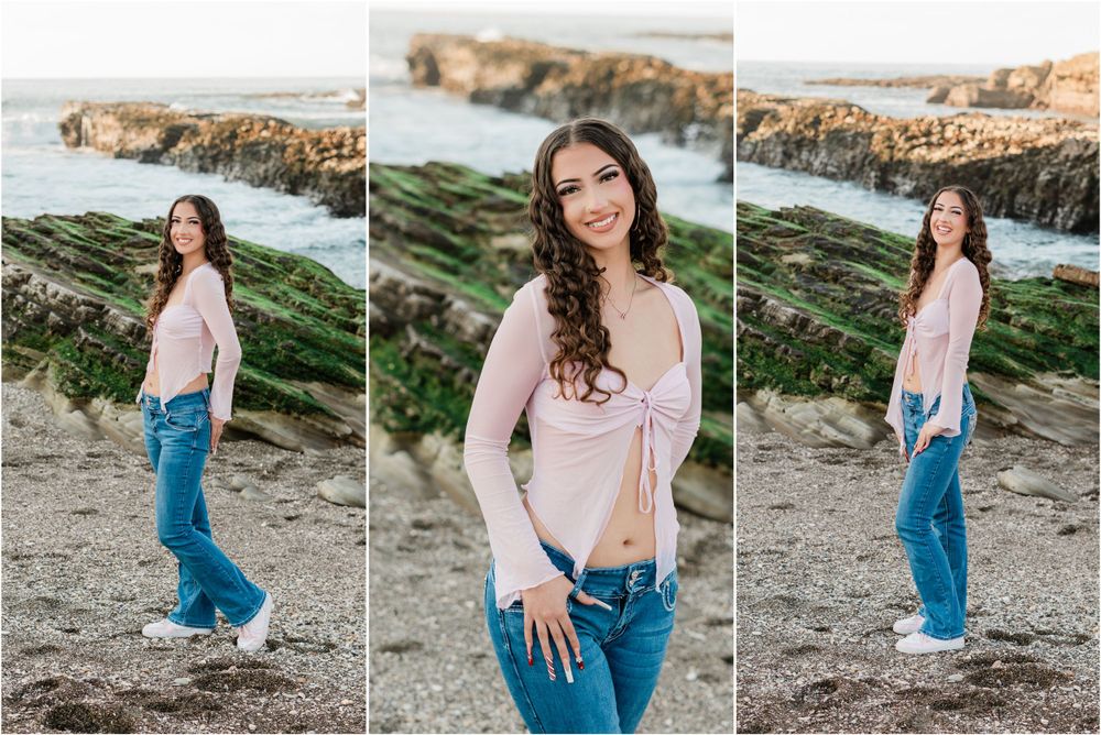 playful high school senior session at central coast beach for slo high senior in pink shirt and jeans photographer felisha connolly