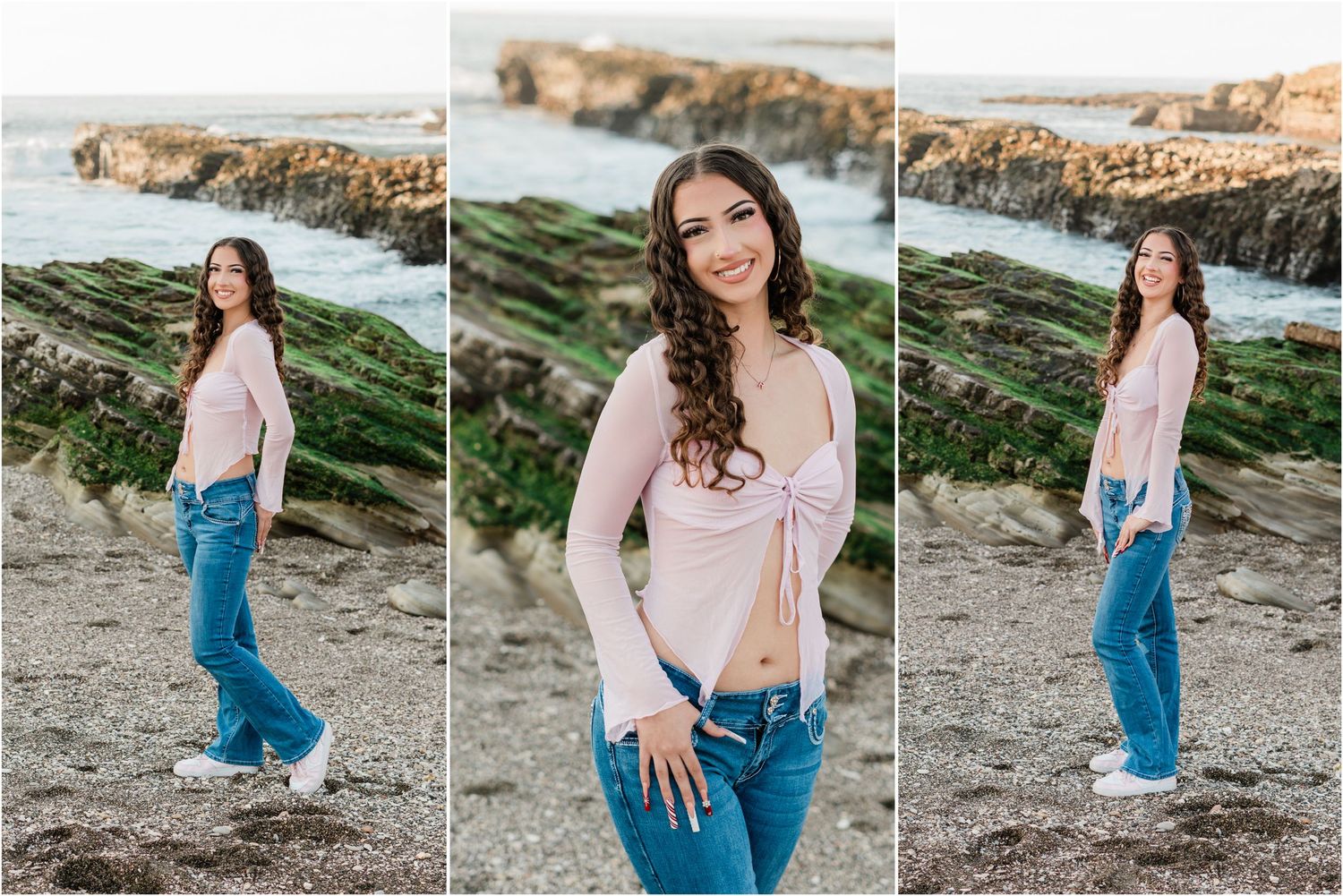 playful high school senior session at central coast beach for slo high senior in pink shirt and jeans photographer felisha connolly