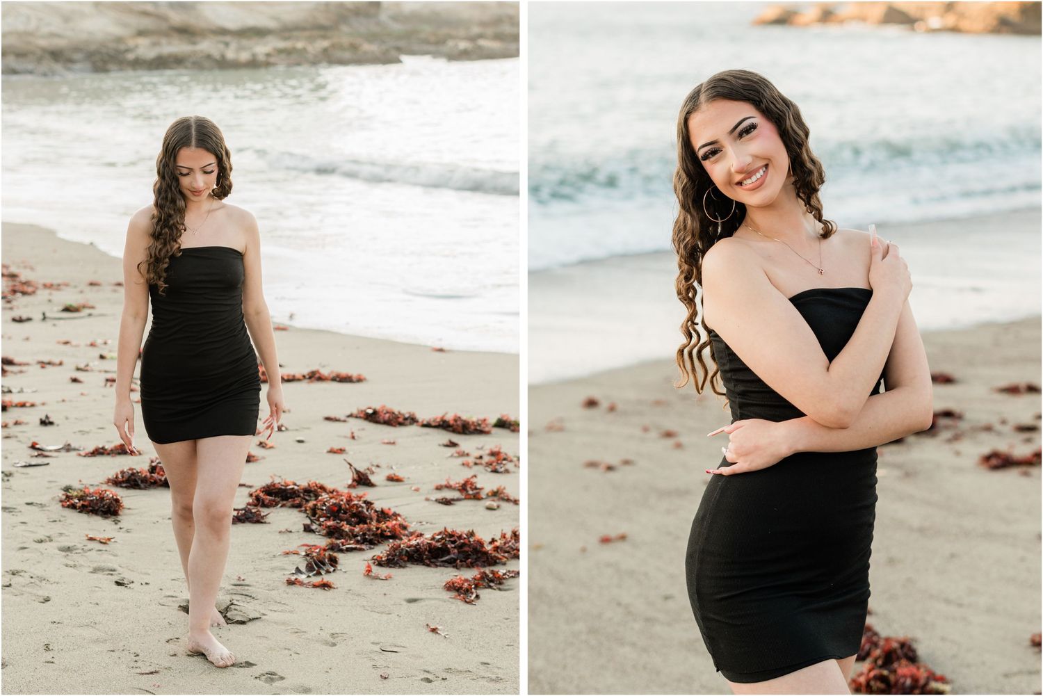 san luis obispo senior portraits for slo high senior at beach in black dress by felisha connolly photography