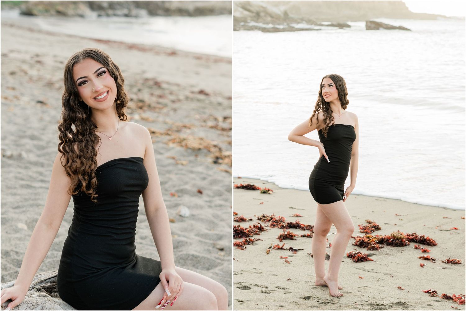 cute little black dress on the beach for slo high senior portraits in montana de oro for local san luis obispo high school senior