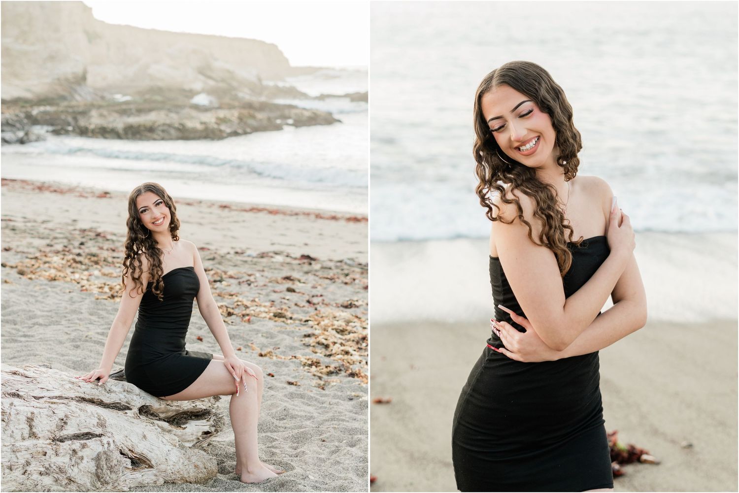 fun and beautiful beach location for high school senior photos wearing little black dress during senior session on the beach with felisha