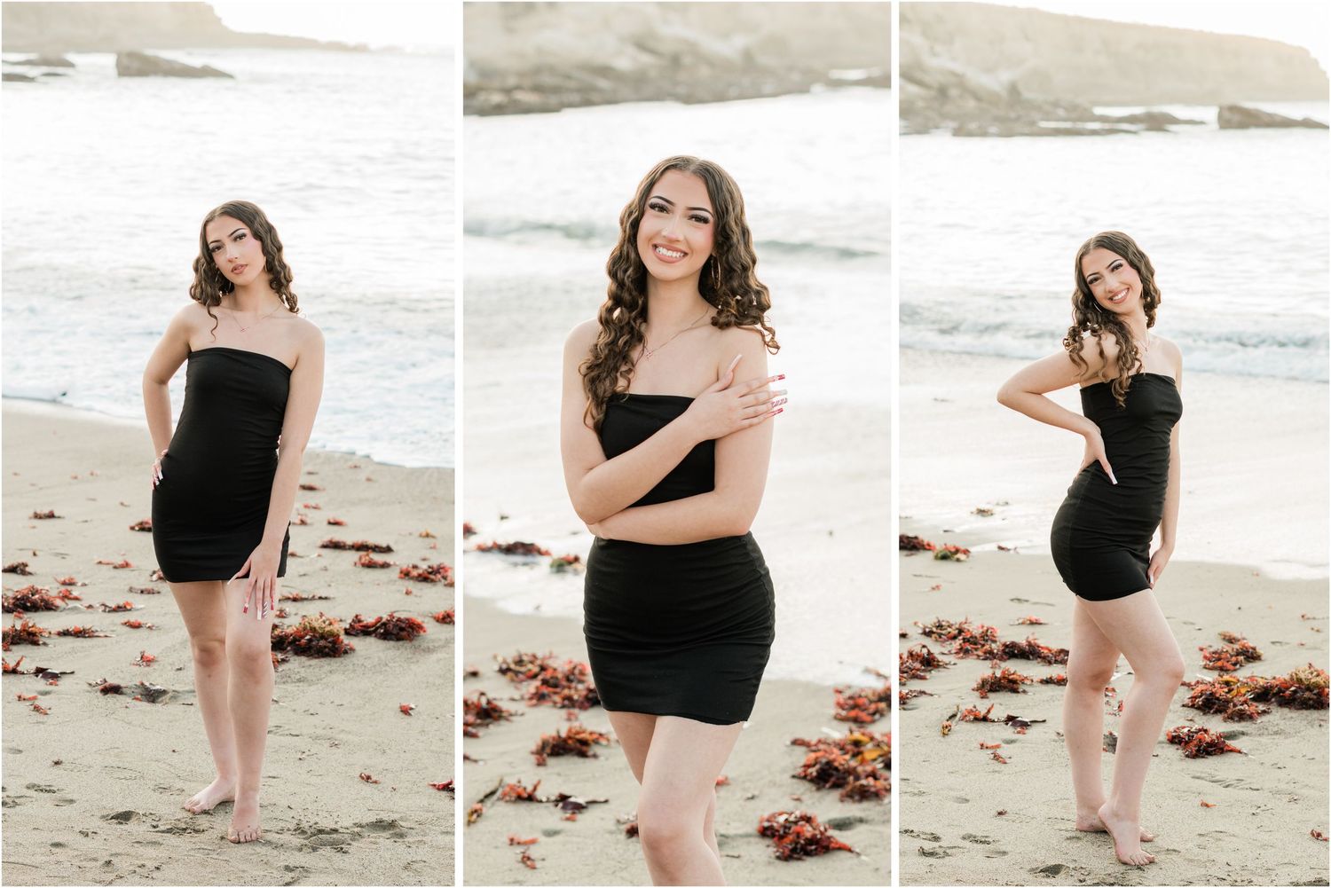 what to wear for senior session, black dress on the beach for slo high senior session by felisha connolly photography