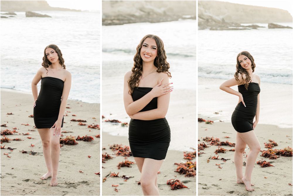 what to wear for senior session, black dress on the beach for slo high senior session by felisha connolly photography