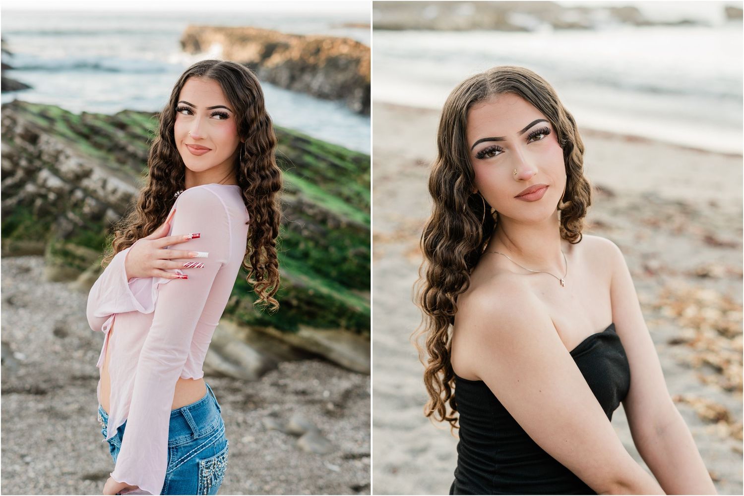 slo high senior in pink shirt and black dress on montana de oro beach for fun and casual high senior session