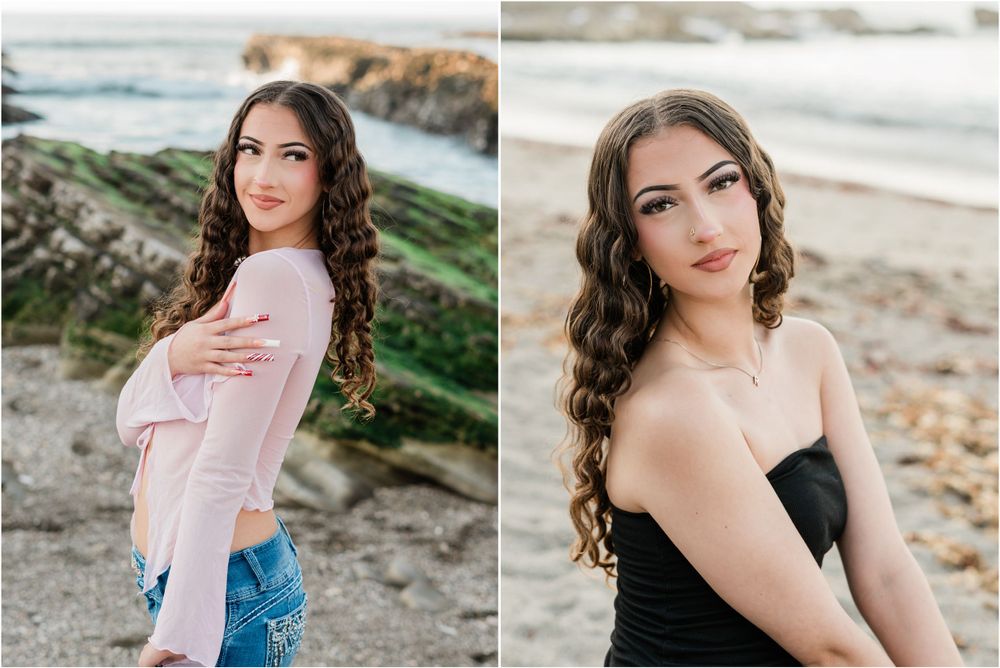 slo high senior in pink shirt and black dress on montana de oro beach for fun and casual high senior session