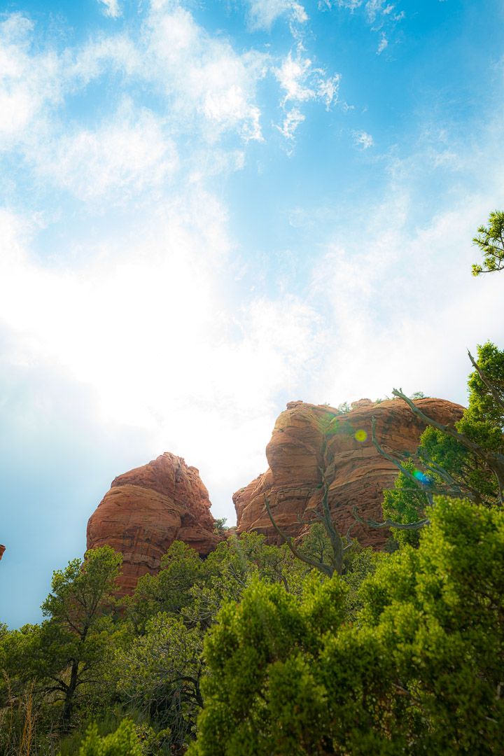 Red rock formations rise above green trees against a bright blue sky with wispy white clouds in Sedona, Arizona.