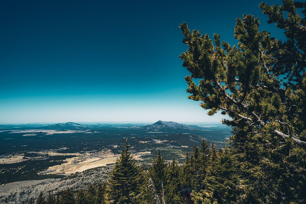 A series of scenic mountain views showing forest-covered peaks, valleys, and distant blue ridges on a clear sunny day.