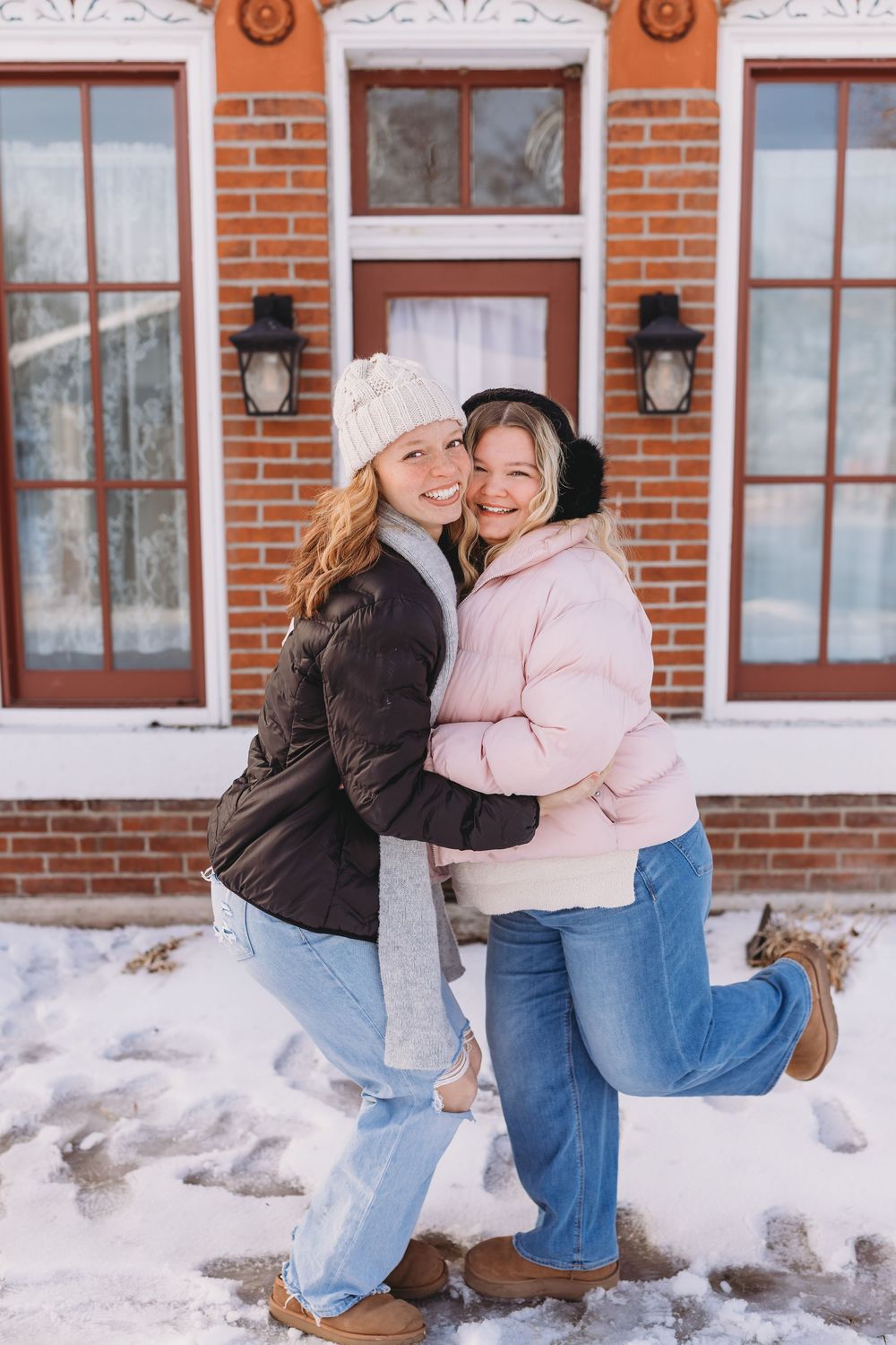 senior girl group snow session pink black white coats hats mittens