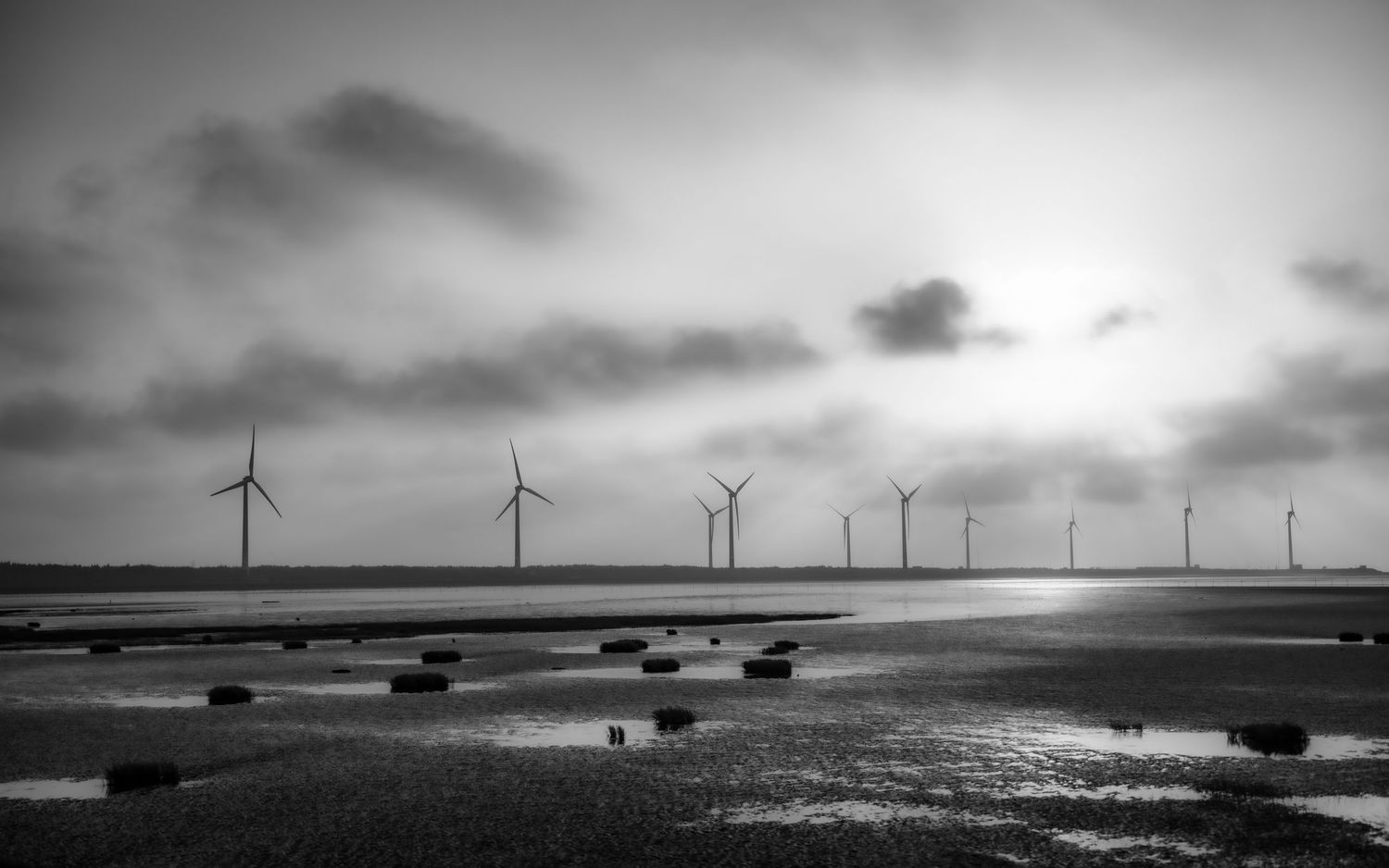 Black and white landscape of wind turbines along a coastal shoreline with dramatic clouds.