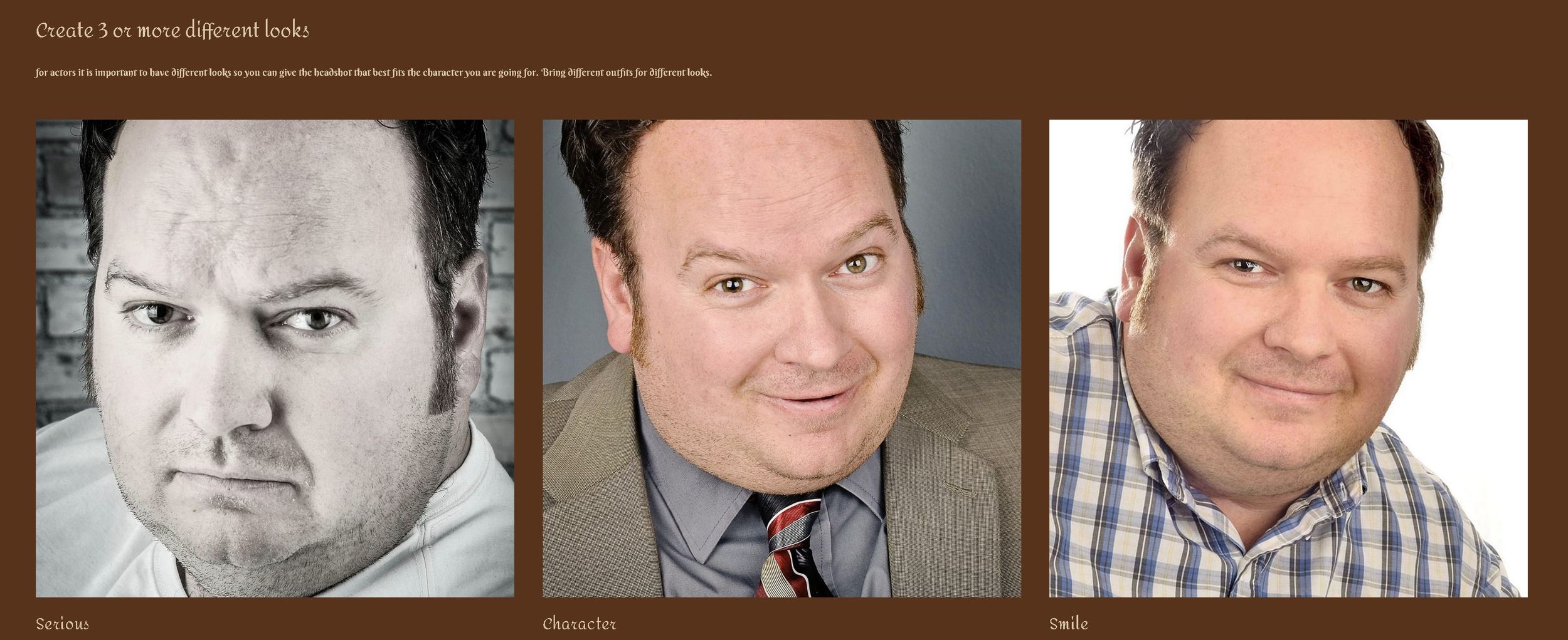 Three headshot photographs showing the progression of a photoshoot with different lighting and poses.