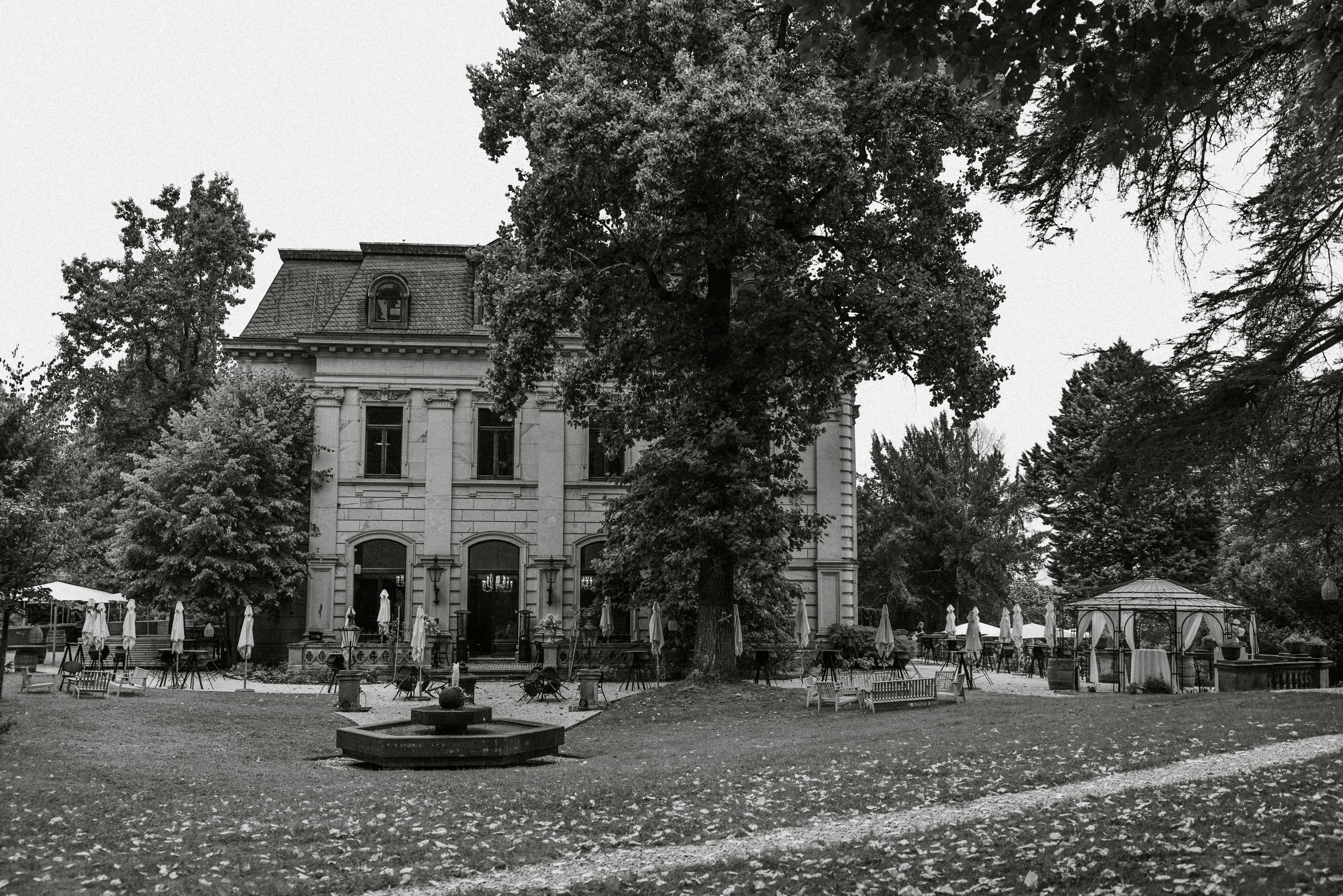 Historic mansion surrounded by autumn trees and fallen leaves on a green lawn in a classic American estate setting.