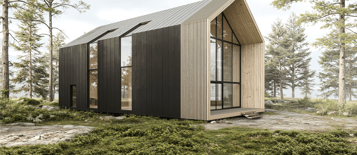 Minimalist wooden cabins nestled in a forested landscape showcase sleek contemporary architecture and large windows.
