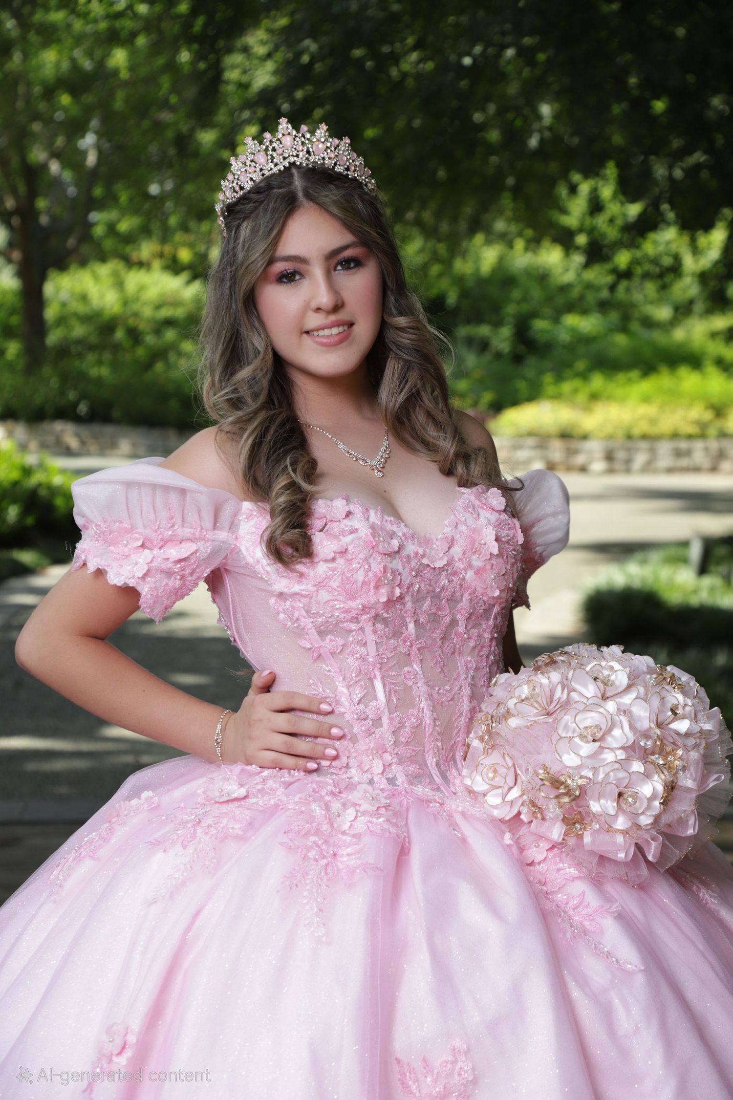 A person in a voluminous pink ball gown poses gracefully on a garden path surrounded by trees.