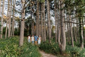 Family of four walking on a forest path surrounded by tall pine trees and lush green undergrowth.