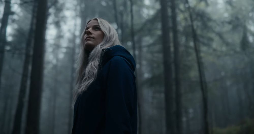 Figures walk through a moody misty forest with tall trees creating a mysterious atmosphere.