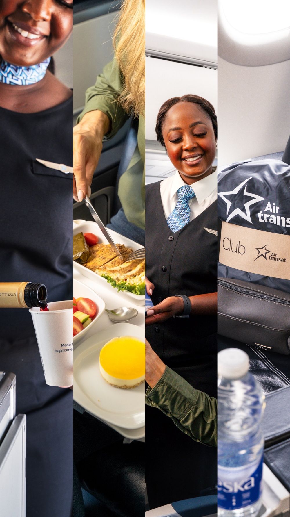 Flight attendants serving meals and drinks on an airplane shows various steps of the in-flight service process.