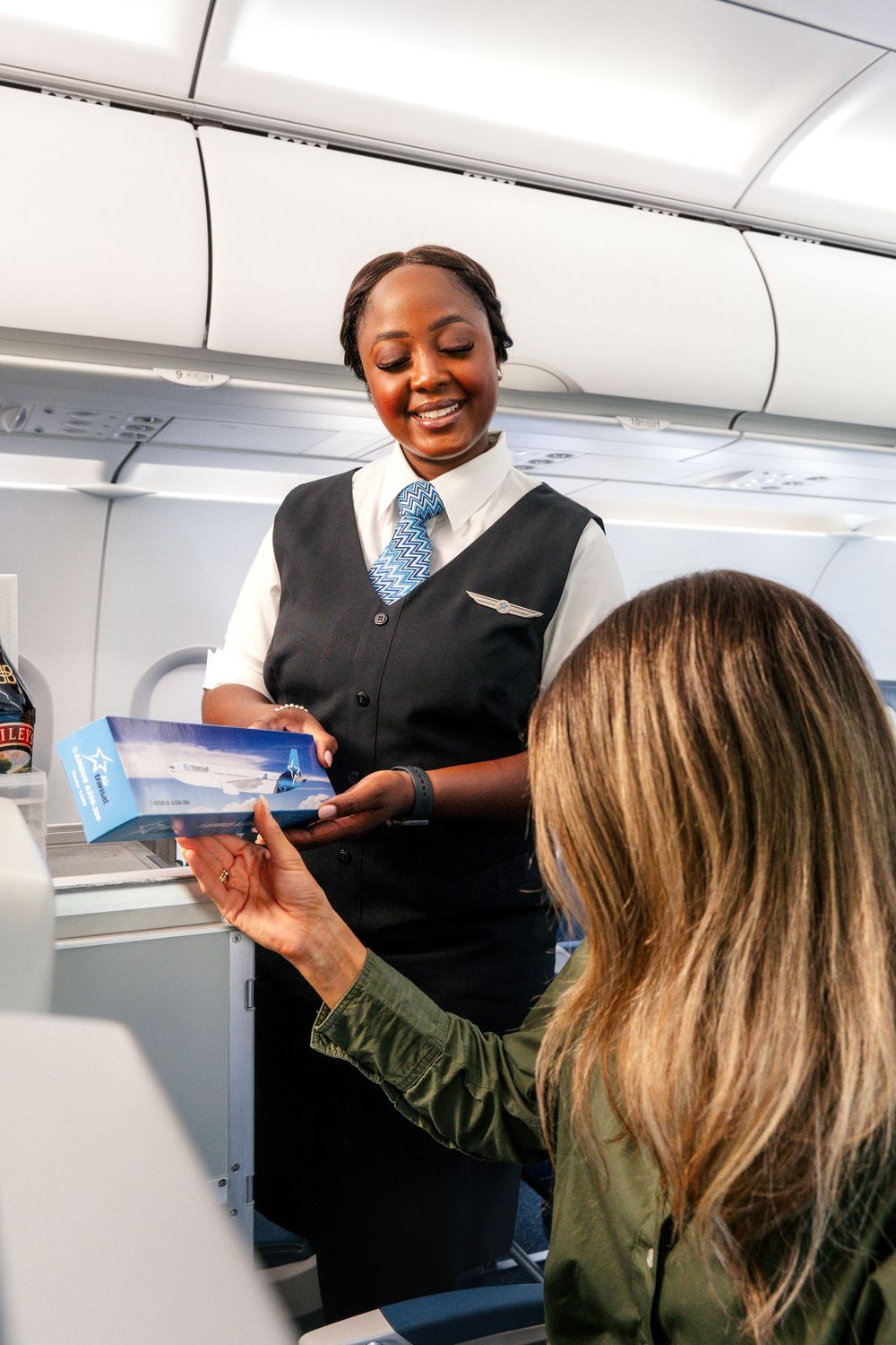 Flight attendant serves passenger a beverage during airplane service with professional hospitality.