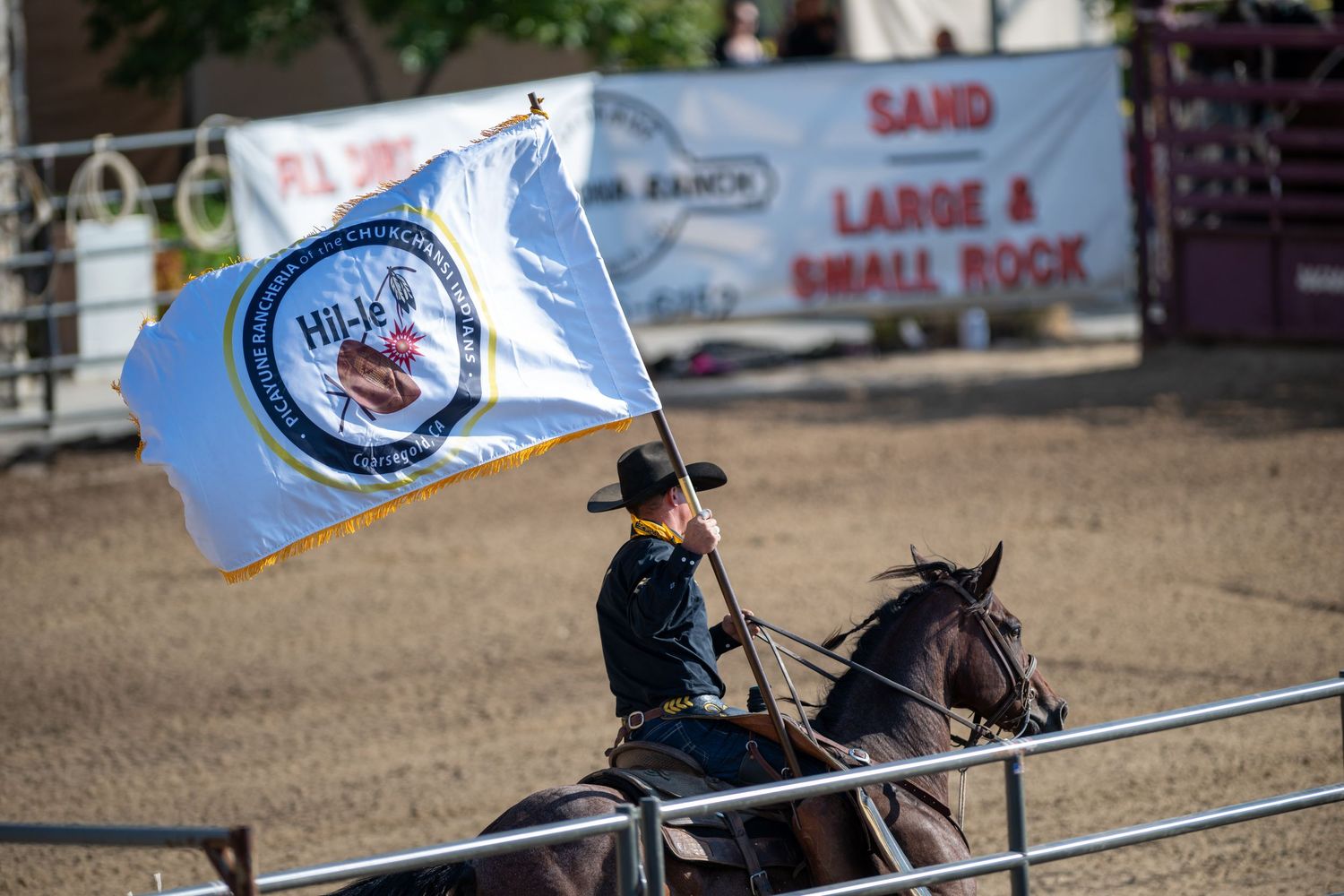 Equestrian rider competes in rodeo barrel racing event with a flag while horse gallops through arena course.