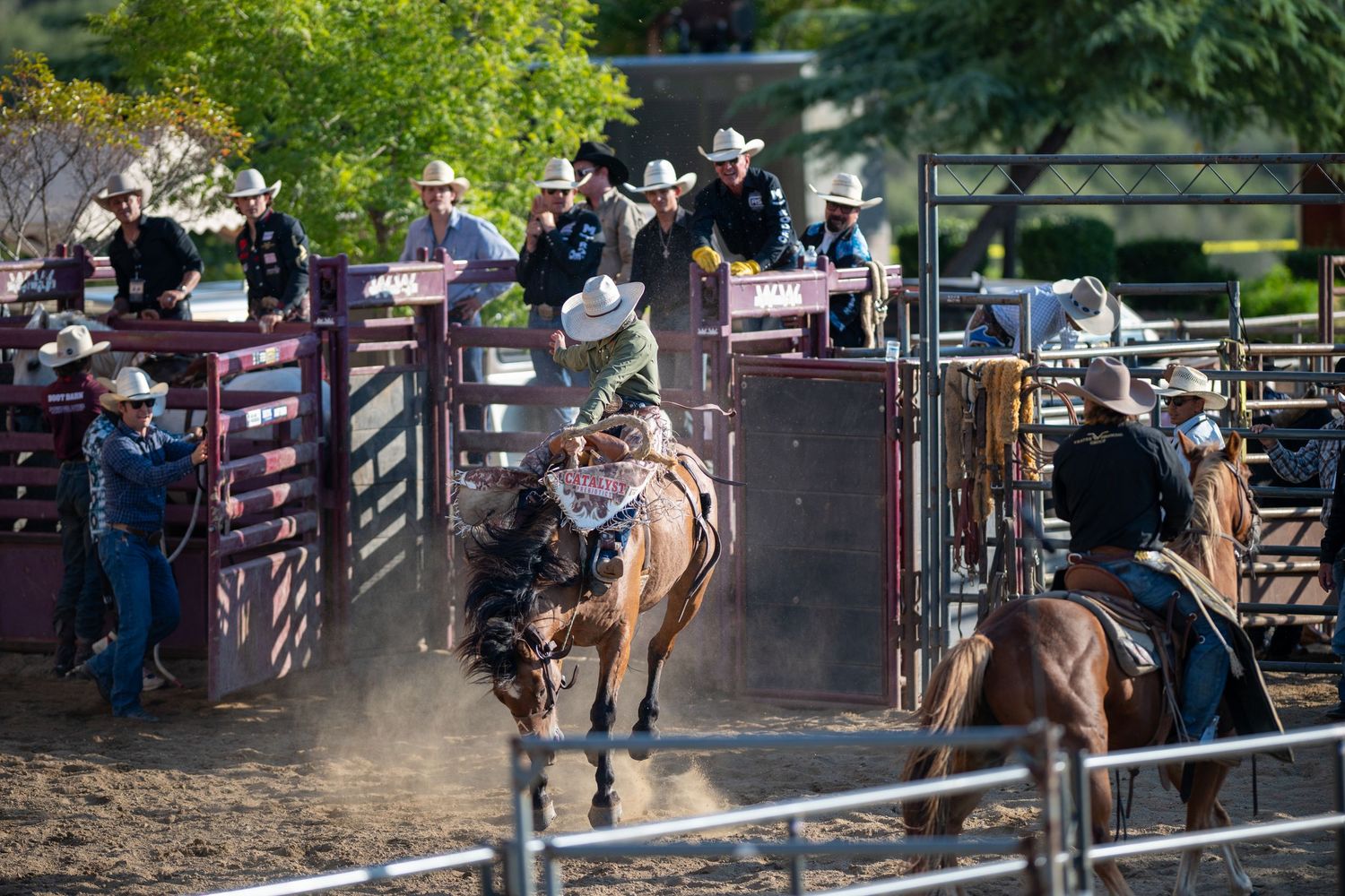 Action shot at a rodeo competition with a rider atop a bucking horse in an arena while spectators watch.