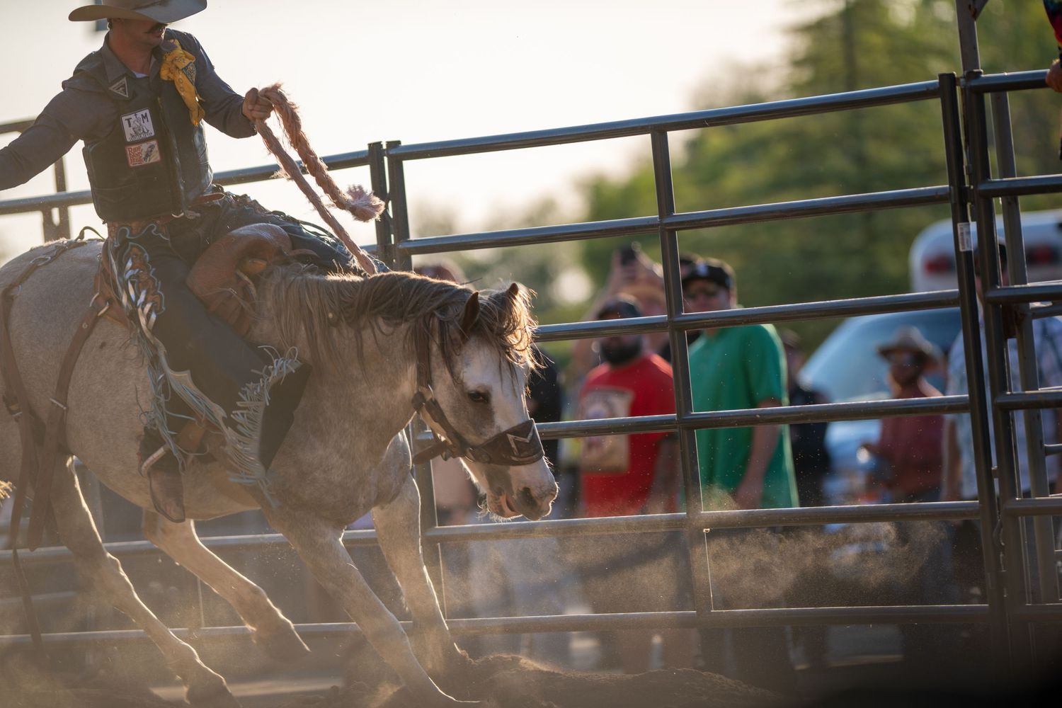 Cowboy rider performs during rodeo competition with dust and spectators in background.