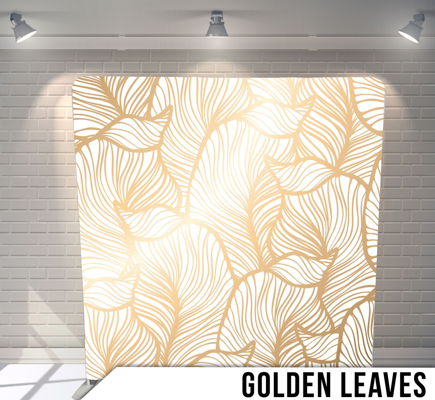 Art Deco gold and white fan pattern wallpaper design shown in various lighting conditions against a brick wall backdrop.