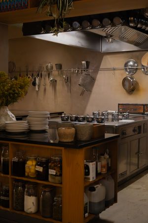 Industrial restaurant kitchen with stainless steel appliances, countertops and hanging utensils under overhead lighting.