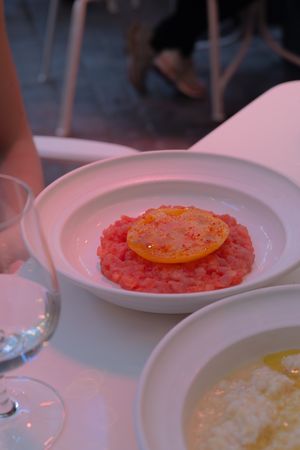 Elegant plated dish featuring thinly sliced citrus over red tartare on white porcelain.