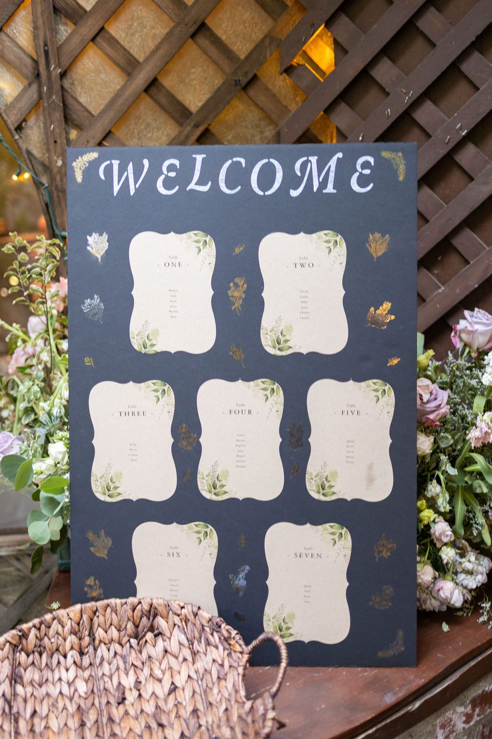 Navy blue wedding seating chart with floral details and elegant white text boxes displayed on wooden lattice.