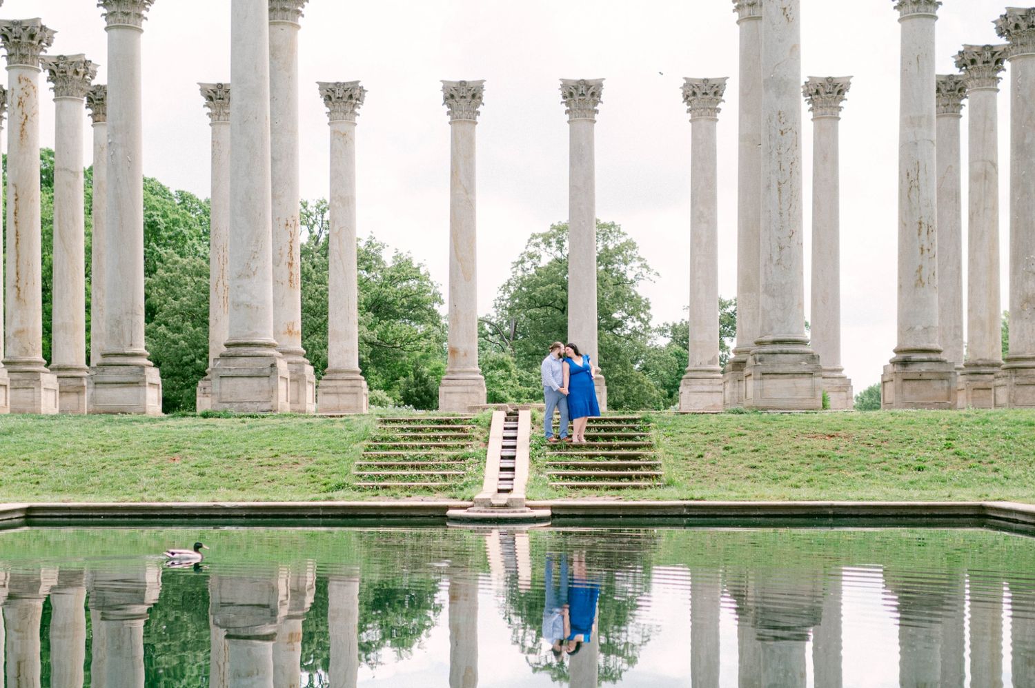 White classical columns reflecting in still water create a symmetrical mirror effect in a tranquil garden setting.