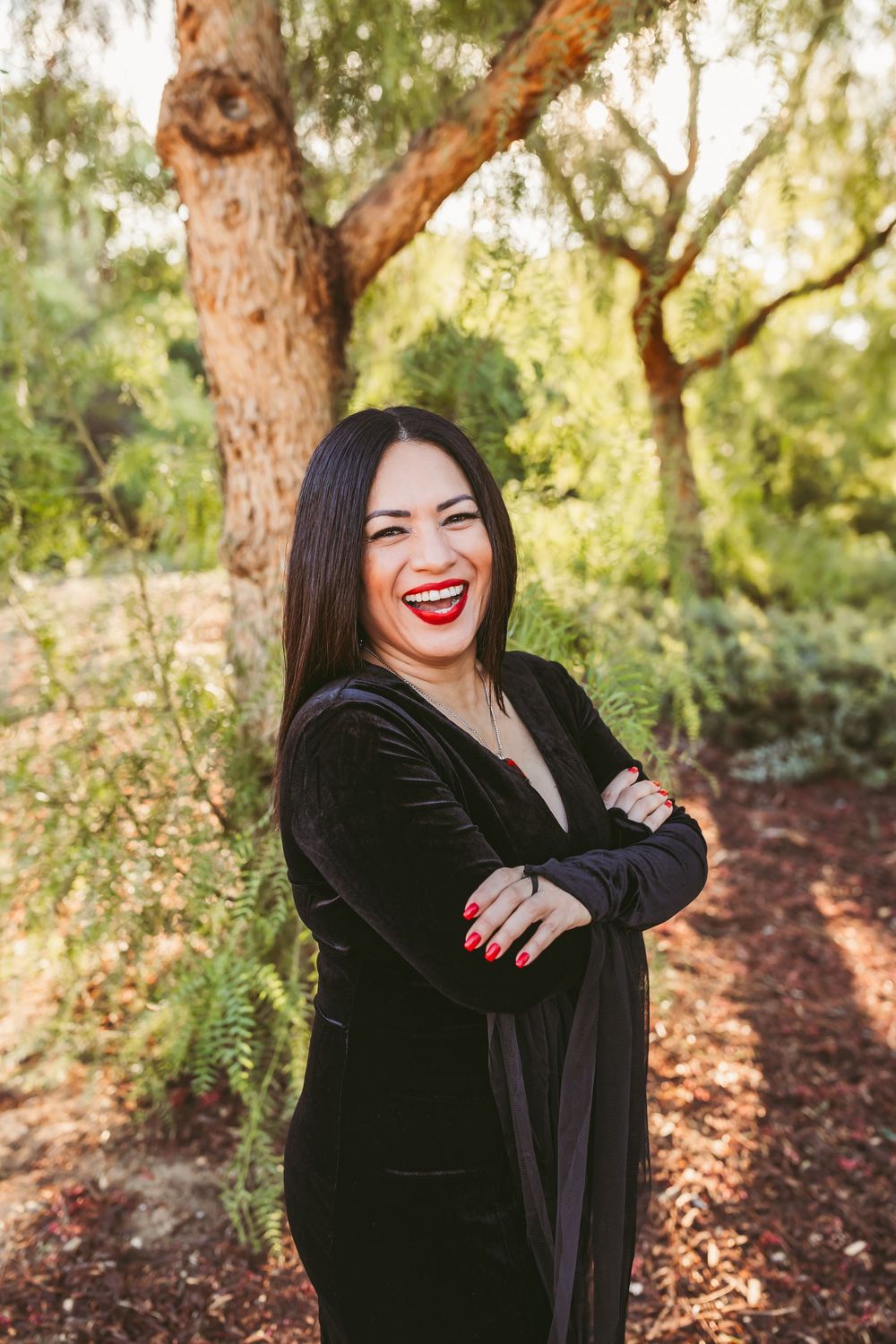 A series of candid lifestyle portraits showing joyful expressions and laughter in an outdoor wooded setting at sunset.