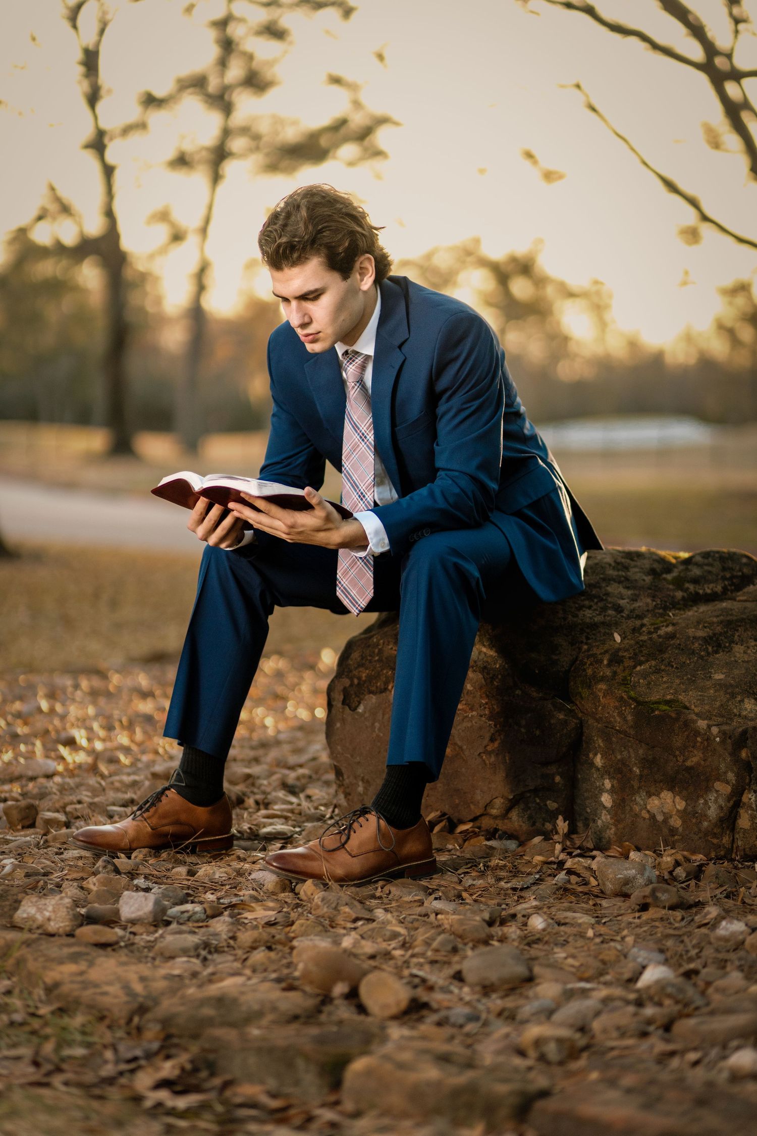 A person in a navy suit and pink tie reads on a fallen tree trunk at sunset in a peaceful autumn setting.