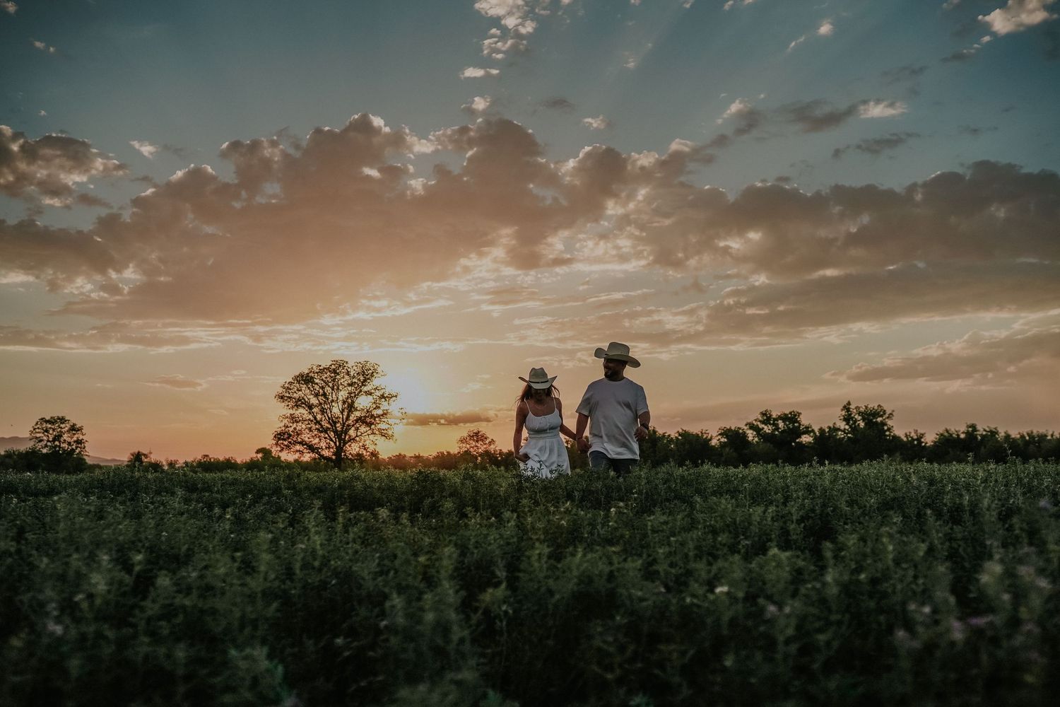 A silhouetted couple stands together in a field during a dramatic sunset with golden clouds in the sky.