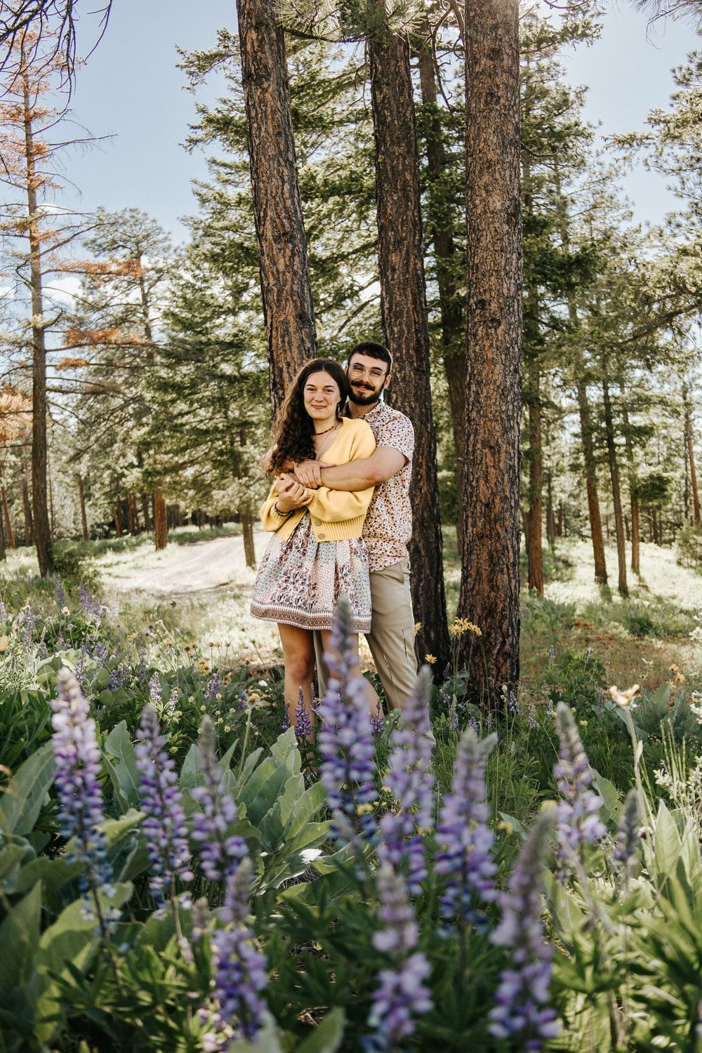 A couple poses among blooming purple lupines in a pine forest.