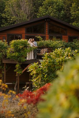 Rustic wooden cabins nestled among lush greenery in a tranquil forest setting during autumn.