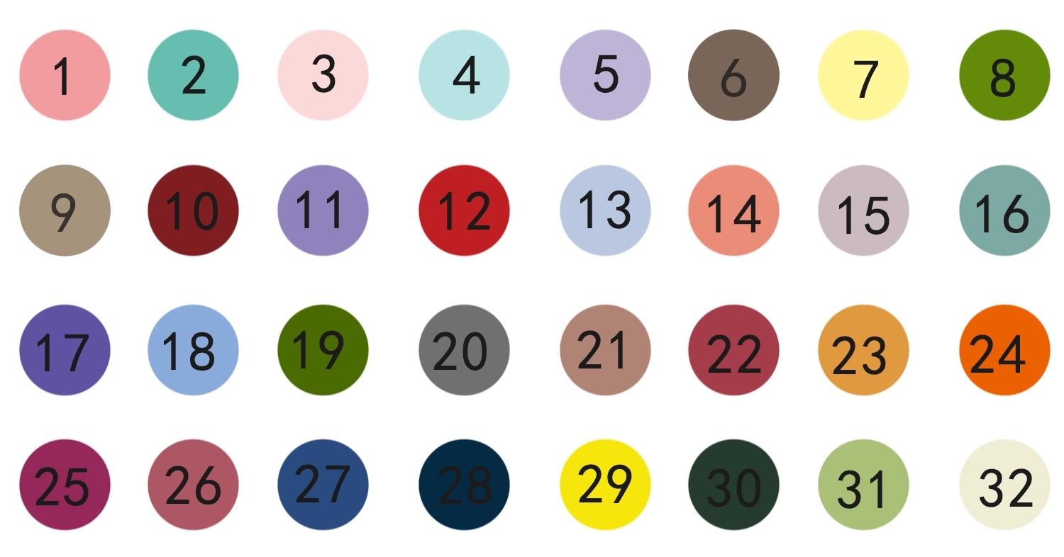 Colorful numbered circles arranged in rows showing numbers 1-32.