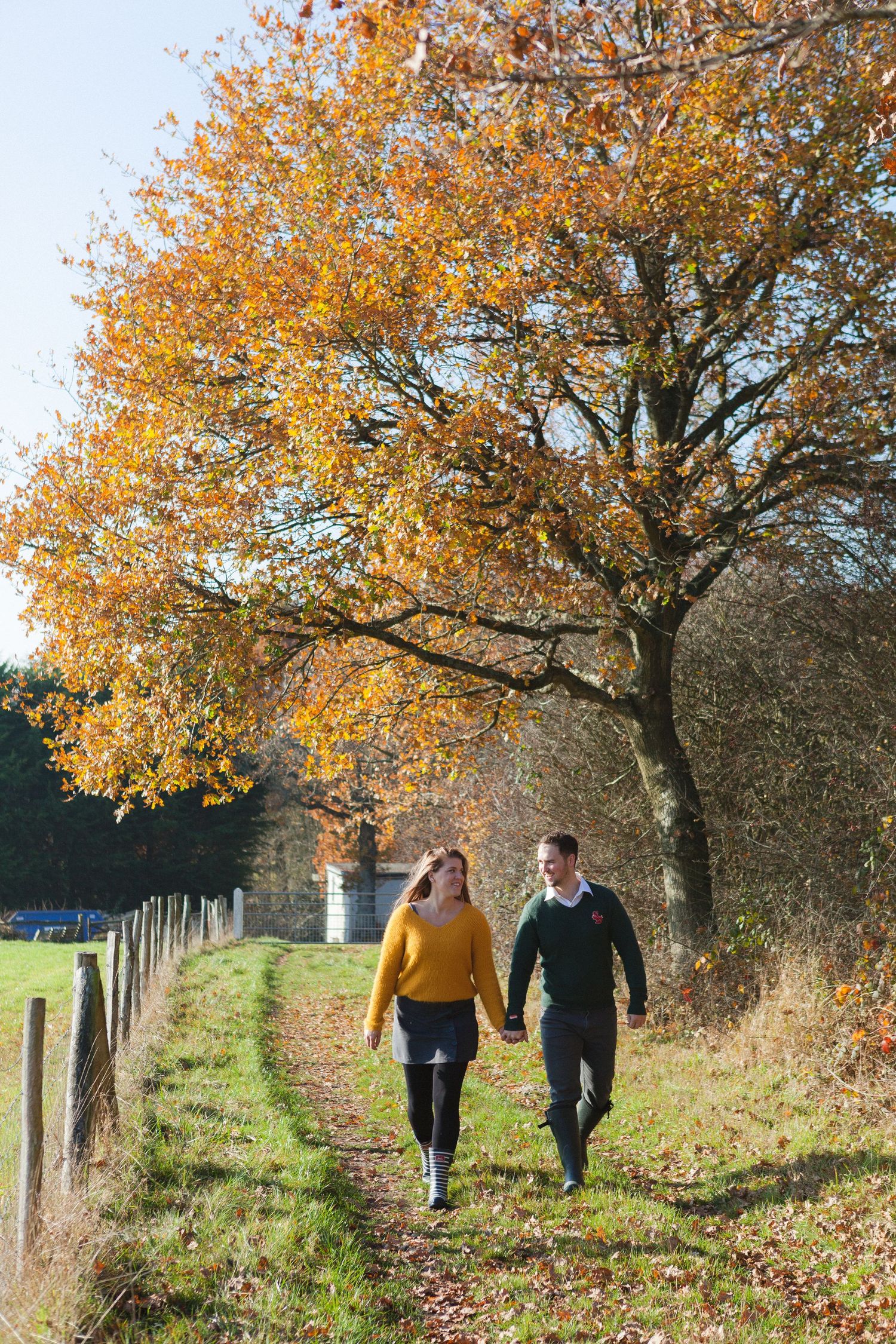 Two people walking hand in hand down a scenic autumn path lined with golden trees and wooden fence posts.