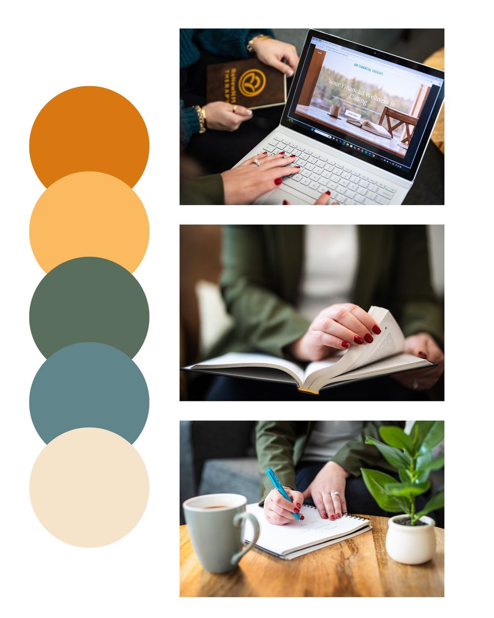 Woman holding passport while browsing travel website on laptop, writing in journal, and taking notes at desk with coffee.