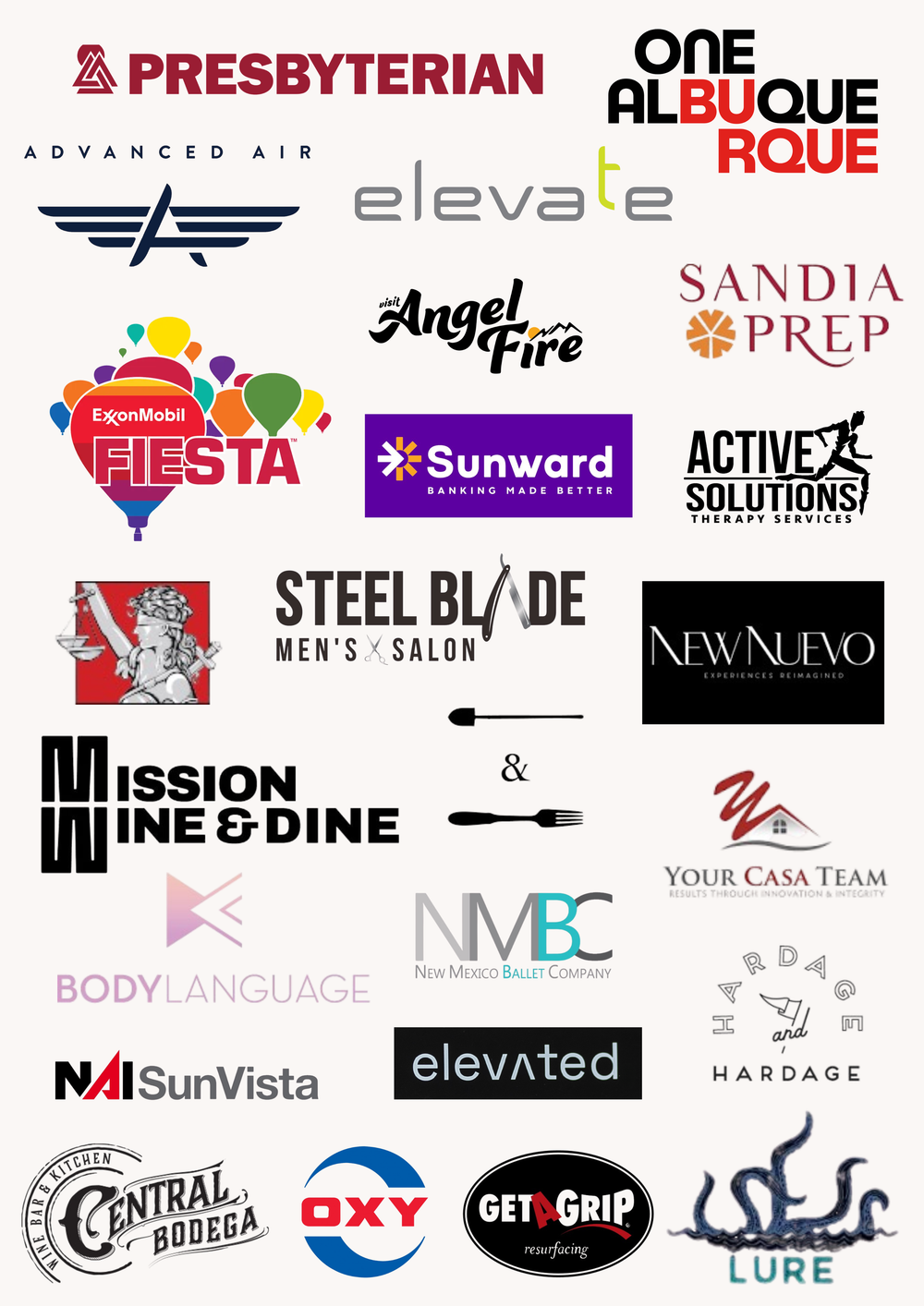 Collage of New Mexico business logos including Presbyterian, Sunward, Steel Blade Salon, NAI SunVista, Hardage, and more.