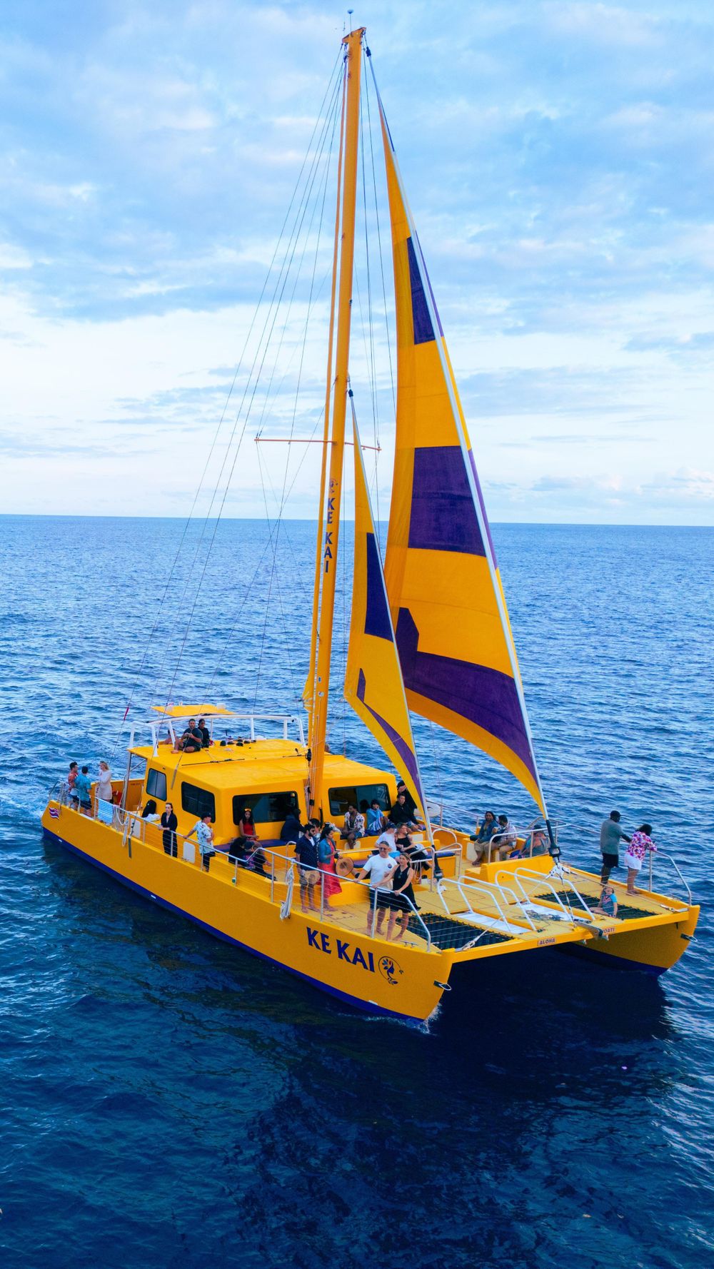 Aerial view of yellow Ke Kai catamaran with purple sail on deep blue Hawaiian ocean waters.