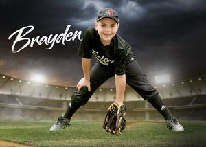 Baseball player in dark uniform crouches in fielding position on illuminated stadium field at night.