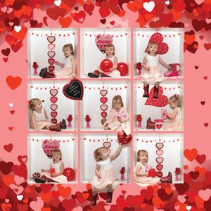A festive Valentine's Day themed banner with red hearts and white decorative elements against a pink background.