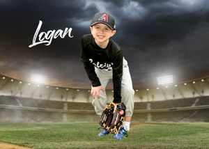 Baseball player slides into base during nighttime game with dramatic stadium lighting and dust cloud effect.
