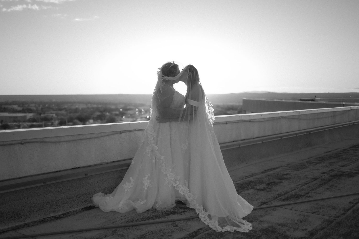 romantic black and white photo of a couple on their wedding day. Best wedding photographer in albuquerque. LGBT engagement photographer ABQ.