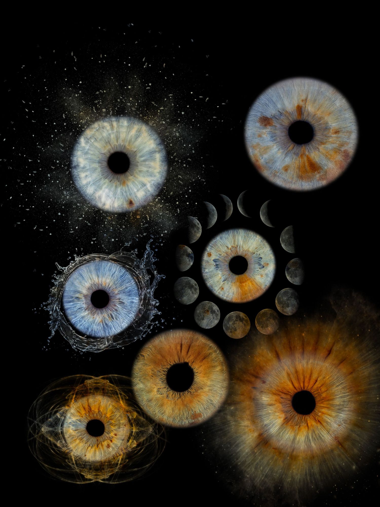 Macro photograph of colorful human irises in green, orange and blue tones against a black background.
