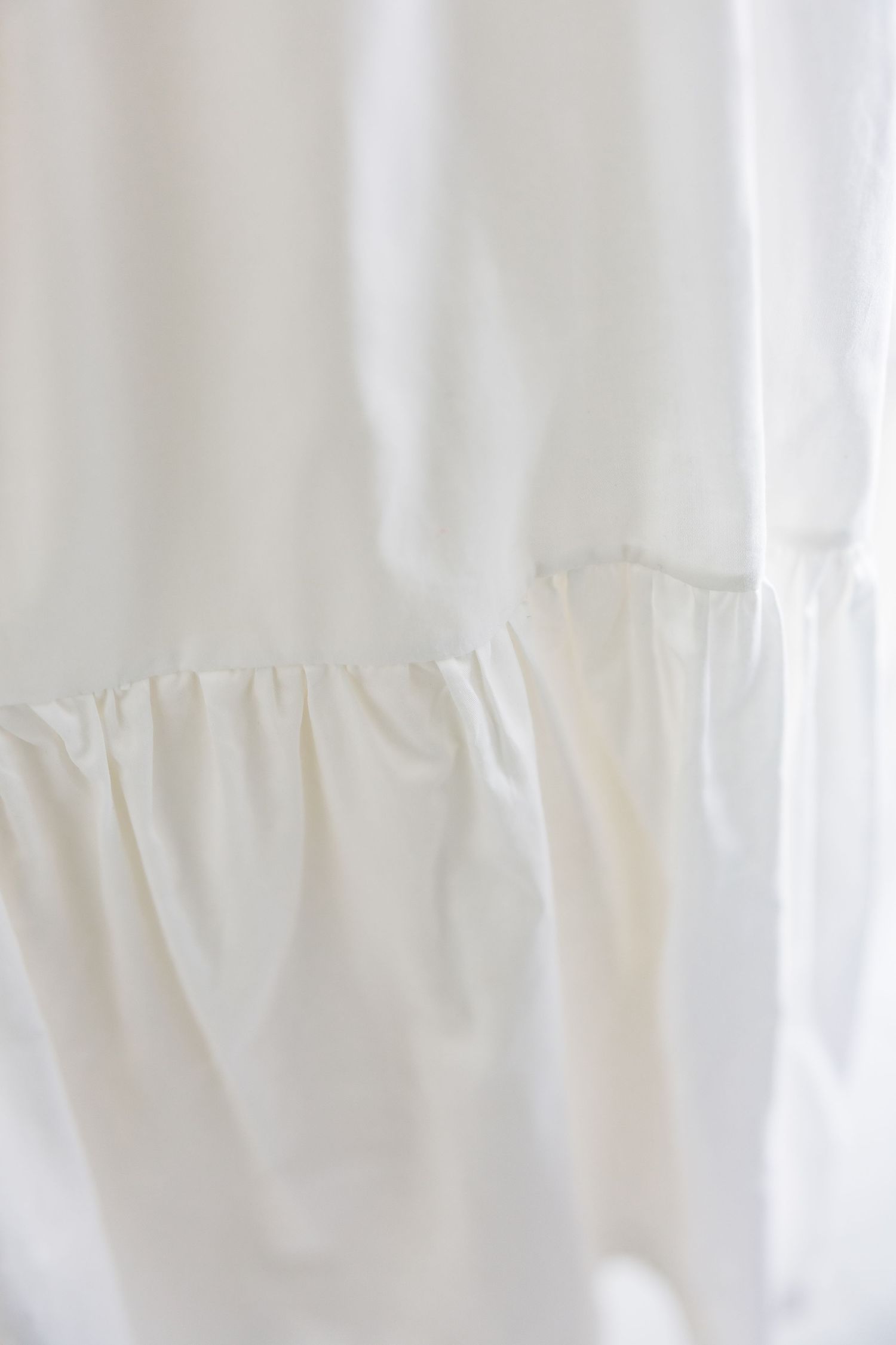 Close-up detail of gathered white fabric and ruffle trim on a dress.