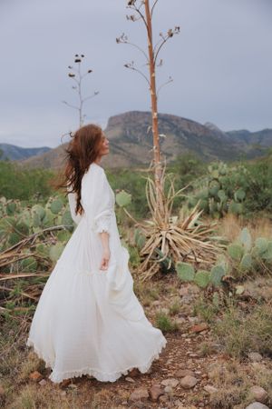 Flowing white dress dances in desert breeze with mountains and desert flora in background.